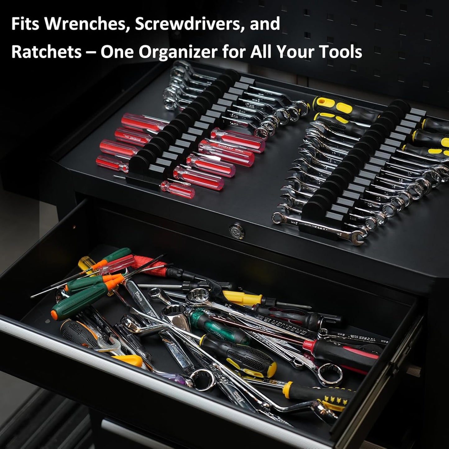 24pcs Modular Wrench Organizers for Tool Drawers - Wrench Rack with Metric&SAE Labels,Tool Storage Holder.Gift for father, brother&boyfriend (Black without magnet)