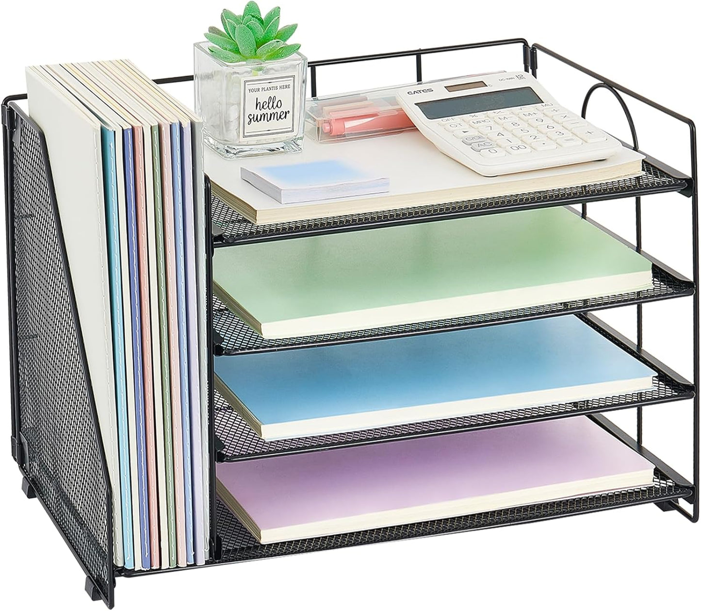 OPNICE 4-Tier Paper Organizer with Magazine Holder, Desk Organizers and Accessories, Office Desk Accessories & Workspace Organizers, Desktop File Organizer for Office Supplies Storage, Black
