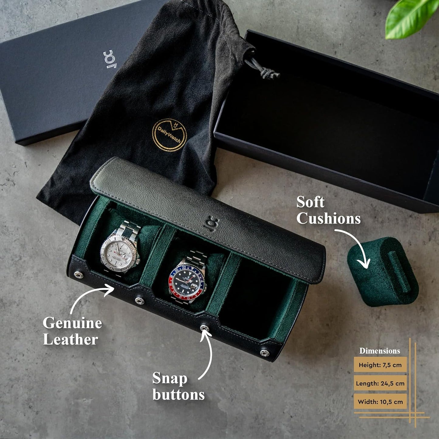 DailyWatch | Watch Roll Travel Case For 3 Watch | Luxury Watch Case In Genuine Black Leather With Soft Velvet Interior | Watch Case Protect, Store, & Display Your Watches | Black Green