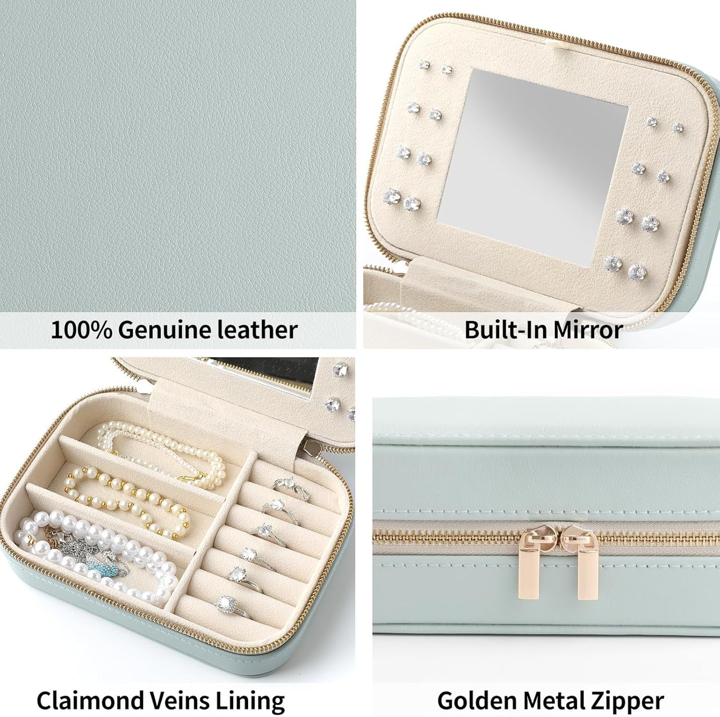 Genuine Leather Travel Jewelry Organizer Case with Mirror for Women, Small Mini Portable Jewelry Box for Ring Earrings Necklace Bracelet Luxury Gift for Women（Dark Green）