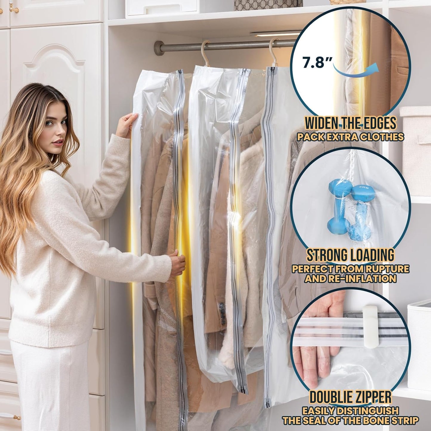 TAILI Hanging Vacuum Sealer Storage Space Saver Bags for Clothing, Suits and Jackets, Closet Organizers, Wider Sides (3 Long, 3 Short) Cream