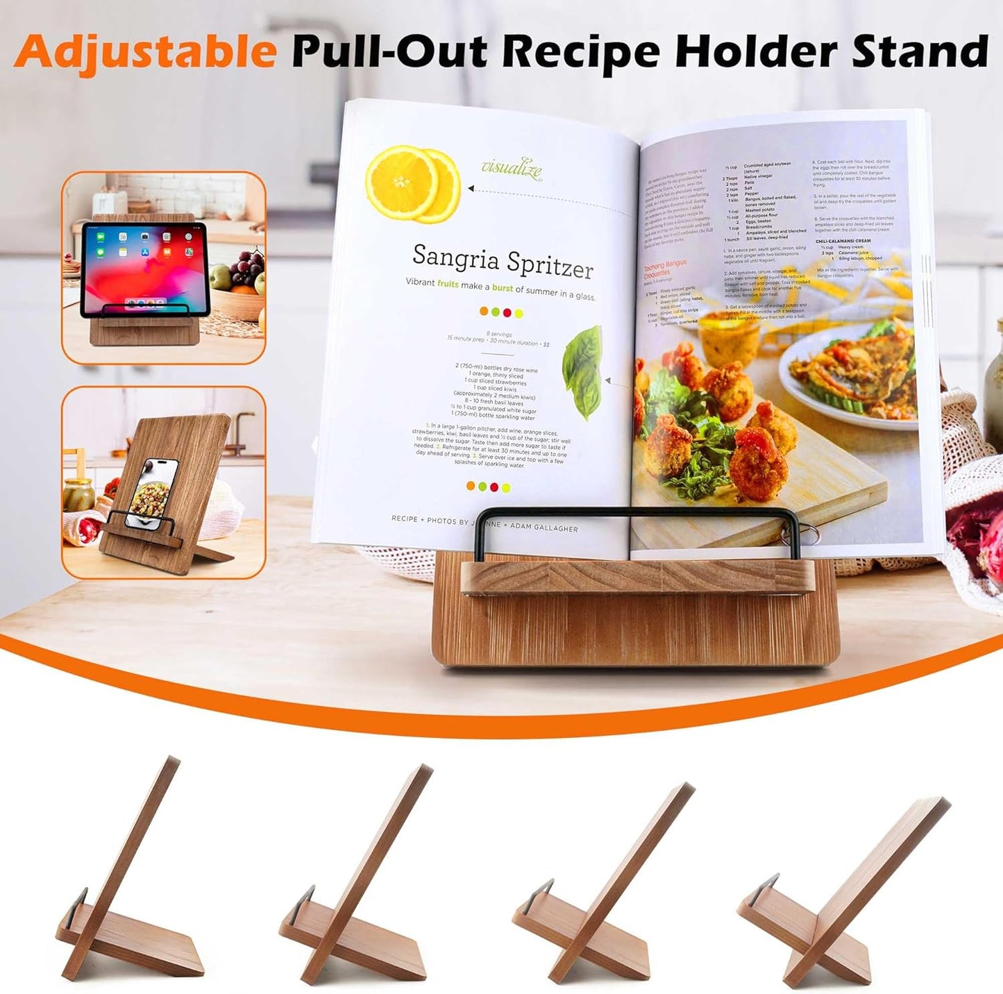 Wood Cookbook Stand Cookbook Holder: Kitchen Adjustable Cookbook Holder Recipe Stand for Counter Brown