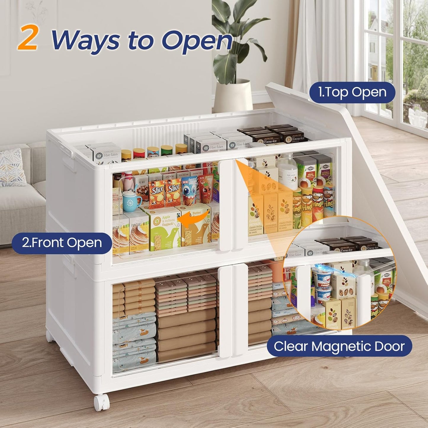 600Qt Stackable Storage Bins with Lid and Wheels, 150Gal Plastic Closet Organizer and Storage Drawer, Large Collapsible Storage Box Cabinet with Clear Door for Home Kitchen Office, 3Pack White