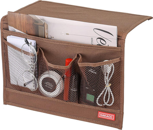HAKACC Bedside Organizer, Bedside Storage Caddy Organizer with Hanging Pocket, Remote Holder for Bed Accessories, Brown