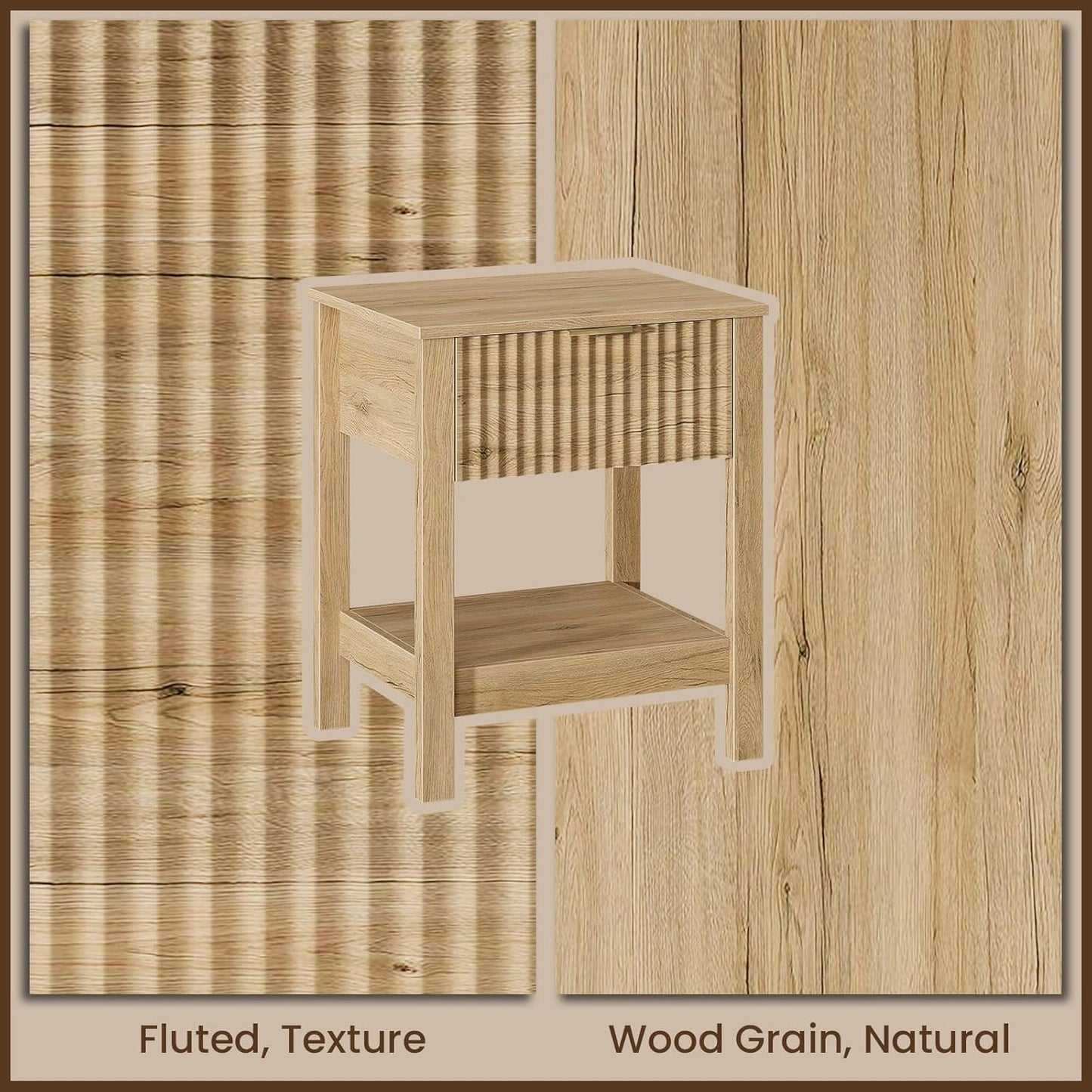 Fluted Night Stand with Golden Handle,Mid-Century Nightstands with Drawer,Modern Bedside Table with Storage Shelf,Large End Tables for Livingroom,Bed Side Tables for Bedroom,Natural Oak