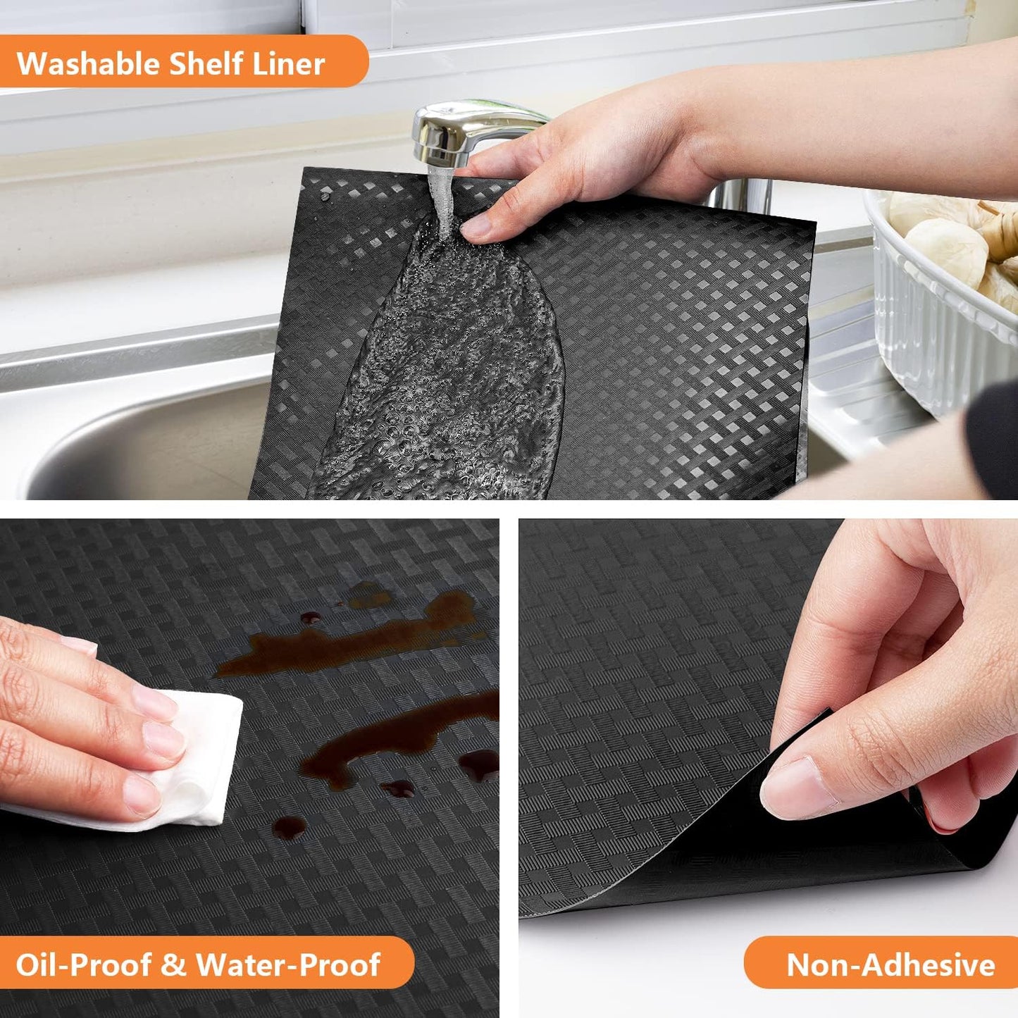 Shelf Liners for Kitchen Cabinets Refrigerator Liners Waterproof & Oil-Proof Kitchen Cupboard Liner Non-Slip Drawer Mats EVA Material Non Adhesive Fridge Liner for Shelves -Black 17.5 x 393.7 Inches
