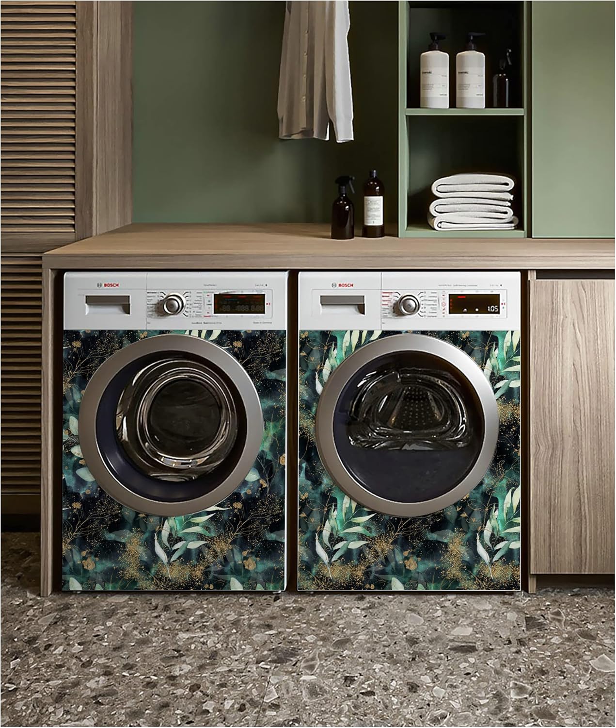 HAOKHOME Self Adhesive Shelf Liner and Drawer Liner Black Floral, Peel and Stick Cabinet Liners, Kitchen Cabinets and Cupboard, Bathroom Drawers, Black/Green/Matte Gold 17.3in x 6.5ft