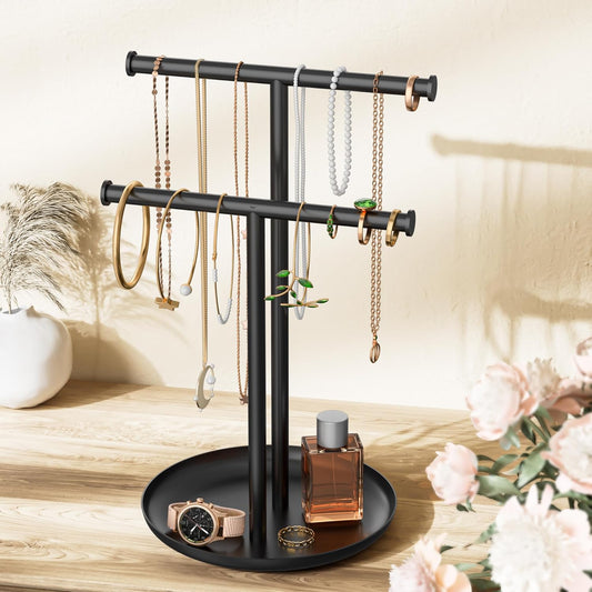 Necklace Rack Stand with Storage Tray - 2 Rods T-Shaped Jewelry Holder Stand for Bracelets, Earrings, Rings | Elegant Vanity & Dresser Top Storage for Women, Black.