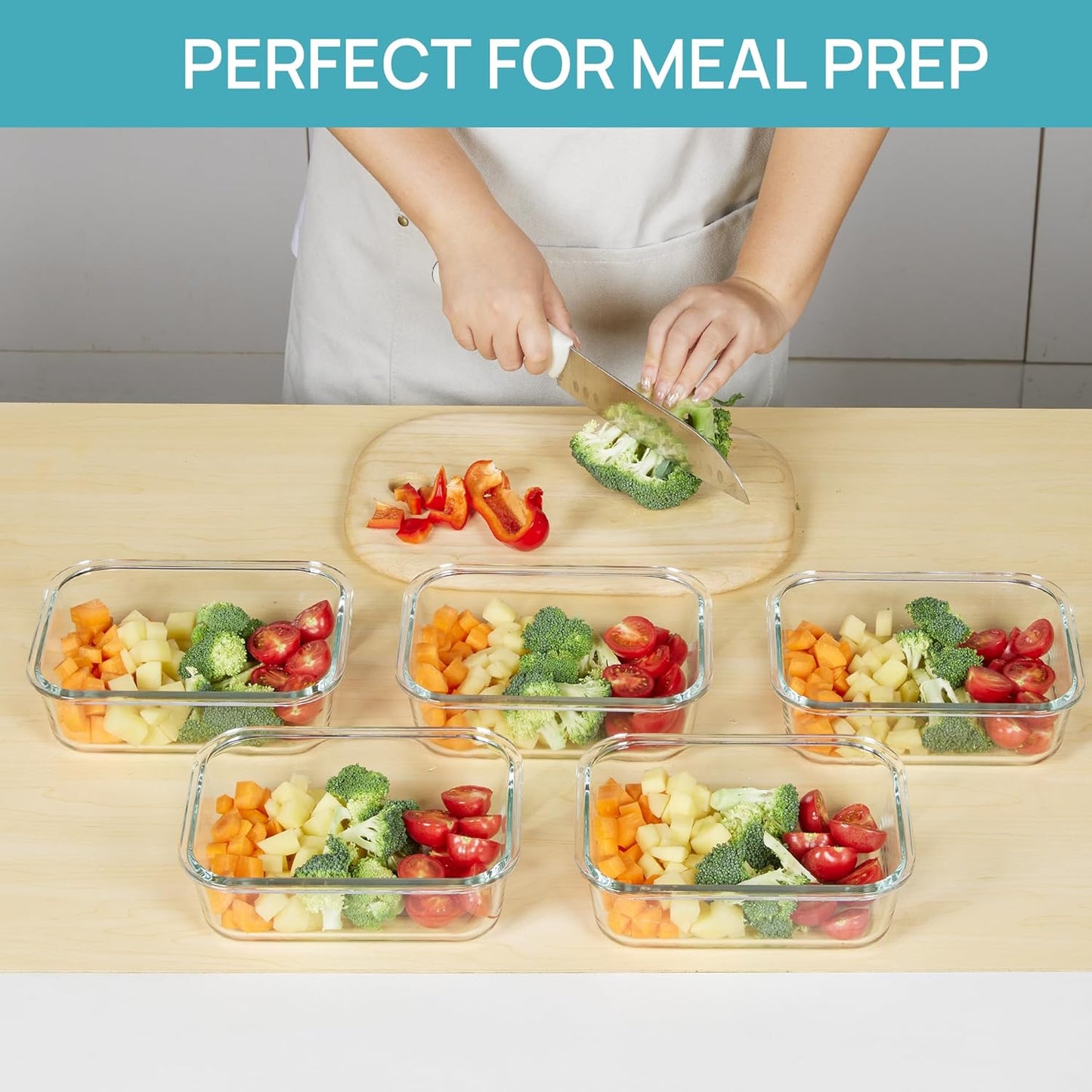 Vtopmart 5 Pack 35oz Glass Food Storage Containers with Lids, Meal Prep Containers, Airtight Reusable Lunch Container Set, Safe for Oven, Microwave, Freezer, and Dishwasher, Green