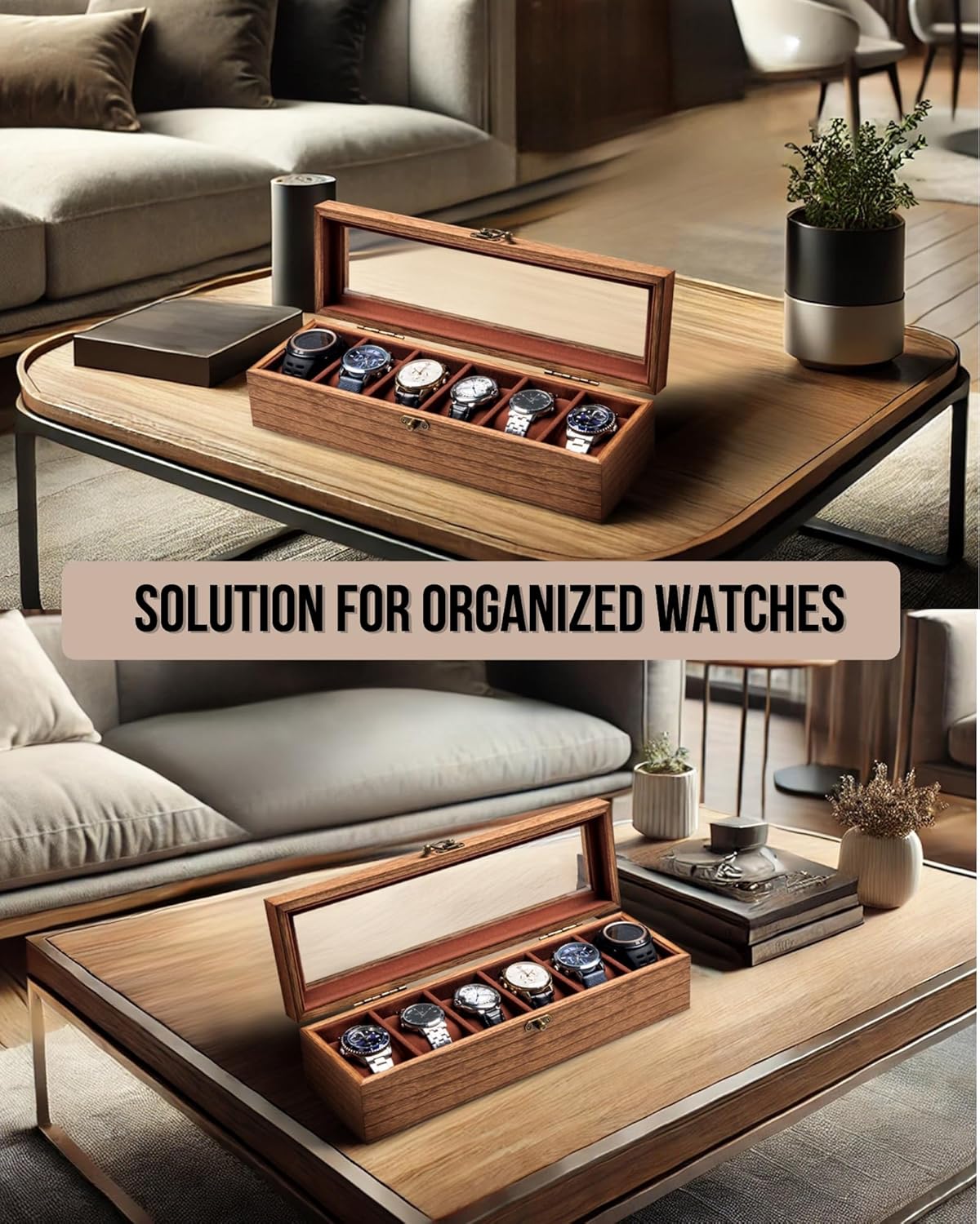 Watch Box for Men and Women - Large Glass Lid, Wooden Display Storage Case With 6 Slots, Retro Burlywood Organizer