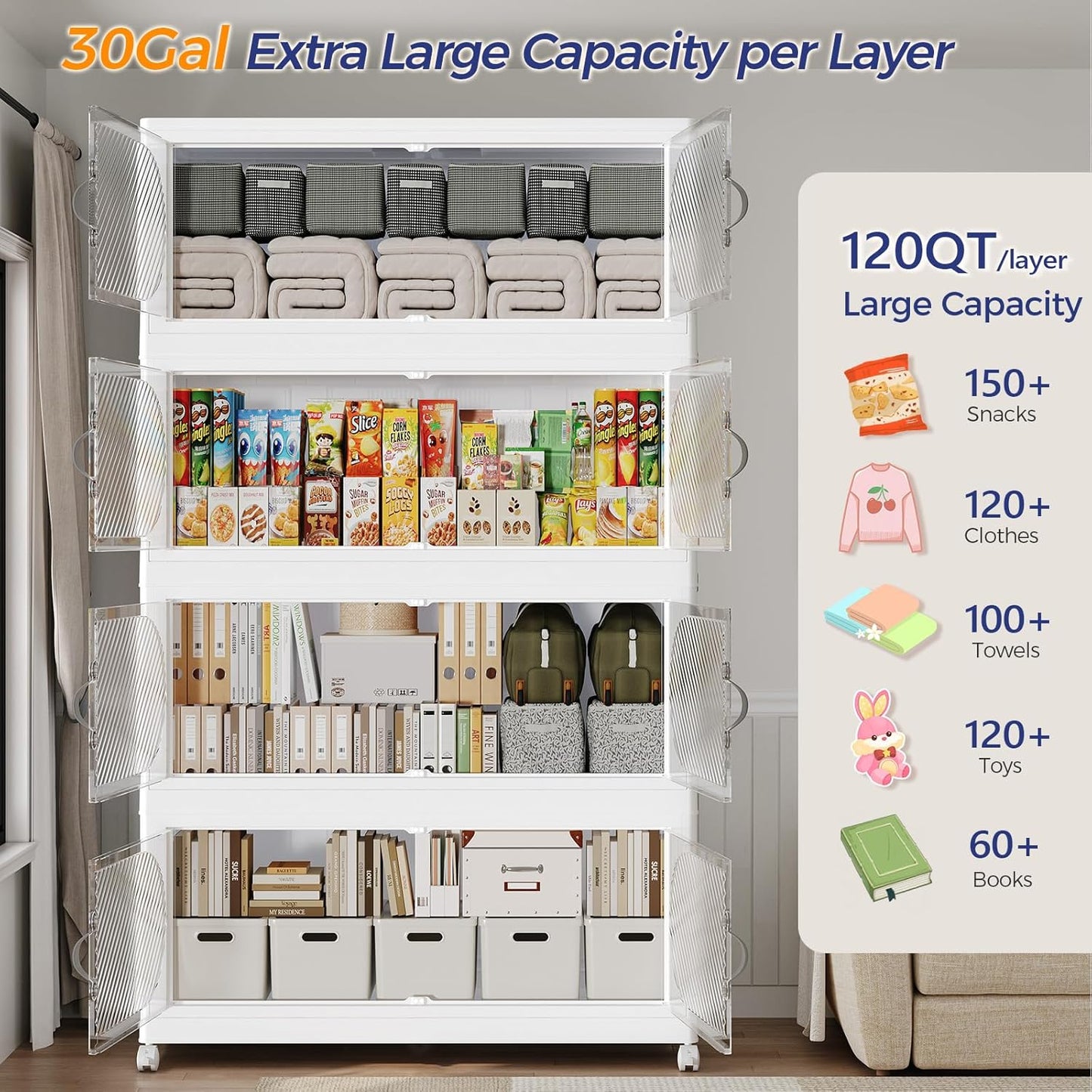 360QT Extra Large Stackable Storage Bins with Lid & Wheels & Doors, 90Gal Foldable Collapsible Closet Organizers, Plastic Cabinet Box Container Drawer for Home Kitchen Bedroom, 3Pack White