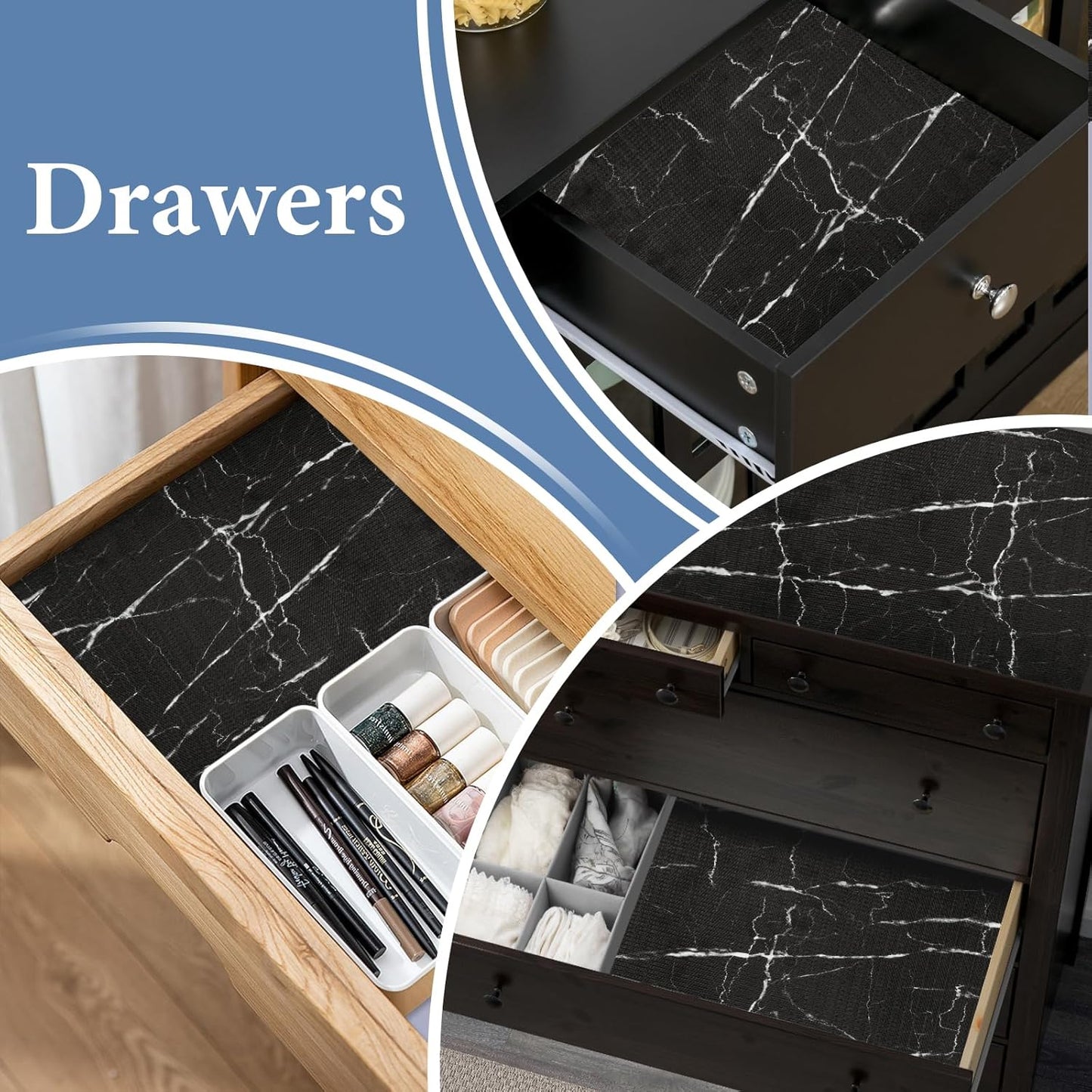 Drawer and Shelf Liner for Kitchen Cabinet: 12 in X 30 Ft Non Slip Waterproof Shelf Paper Non Adhesive Refrigerator Liners Black Marble Easy Liners for Bathroom with Knife Tape Measure