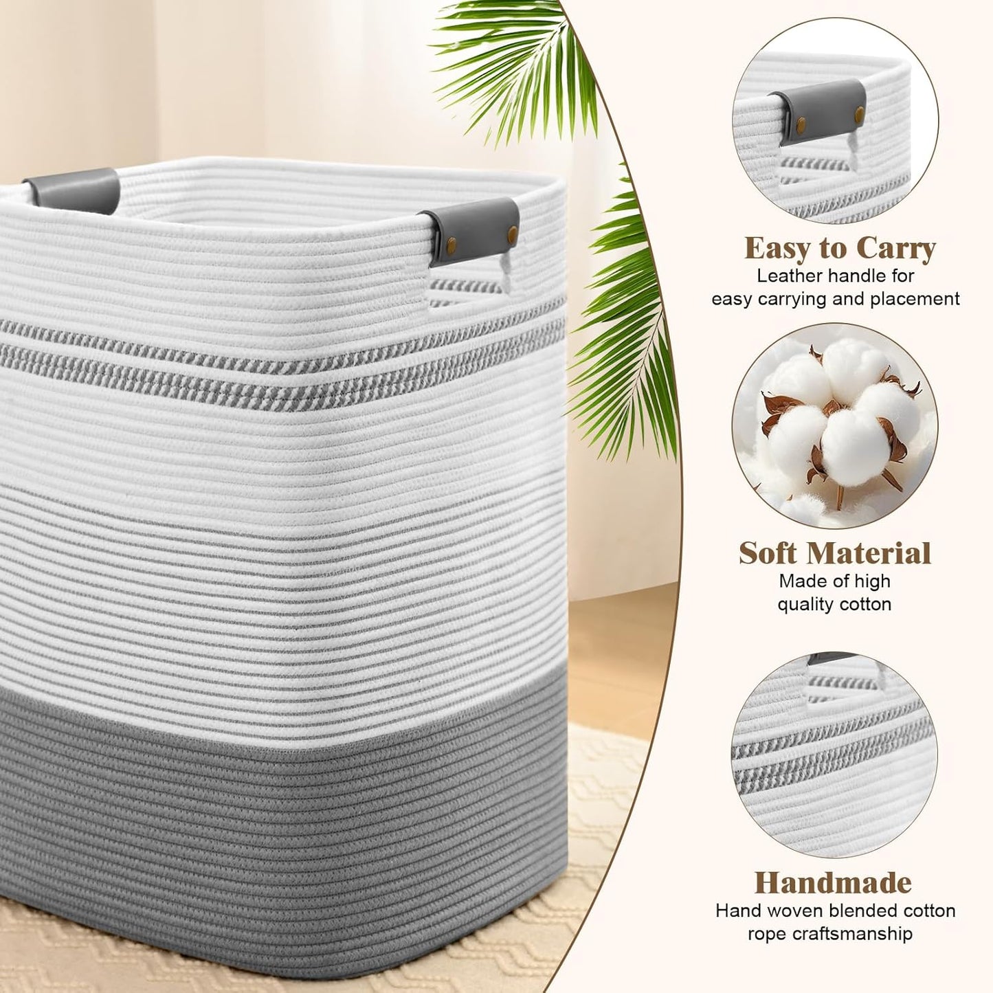 Laundry Hamper, 85L Tall Laundry Basket with Leather Handles, Rectangle Large Clothes Hamper for Organizing, Cotton Woven Laundry Baskets Storage Hampers for Bedroom, Nursery, Living Room