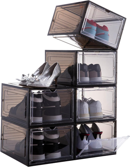 Attelite Shoe Box,Set of 6,Stackable Plastic Clear Shoe Box Organizer with Magnetic Door,Shoe Storage Box Thicken Sturdy,Easy Assembly,Fit up to US Size 12,Black