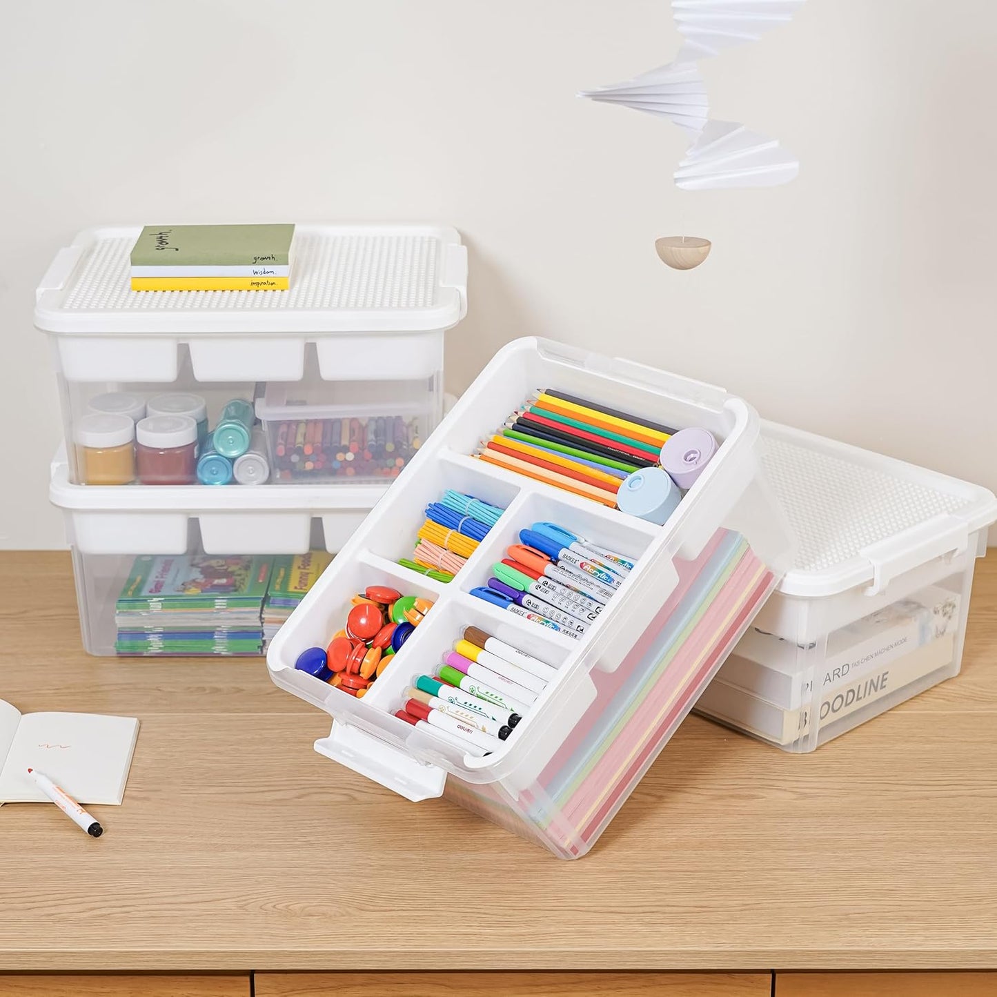 Citylife 17 QT Storage Bins with Building Baseplate Lid and Removable Tray Large Plastic Storage Bins Lego Organizers and Storage Bead, Tool, Sewing, 4 Packs