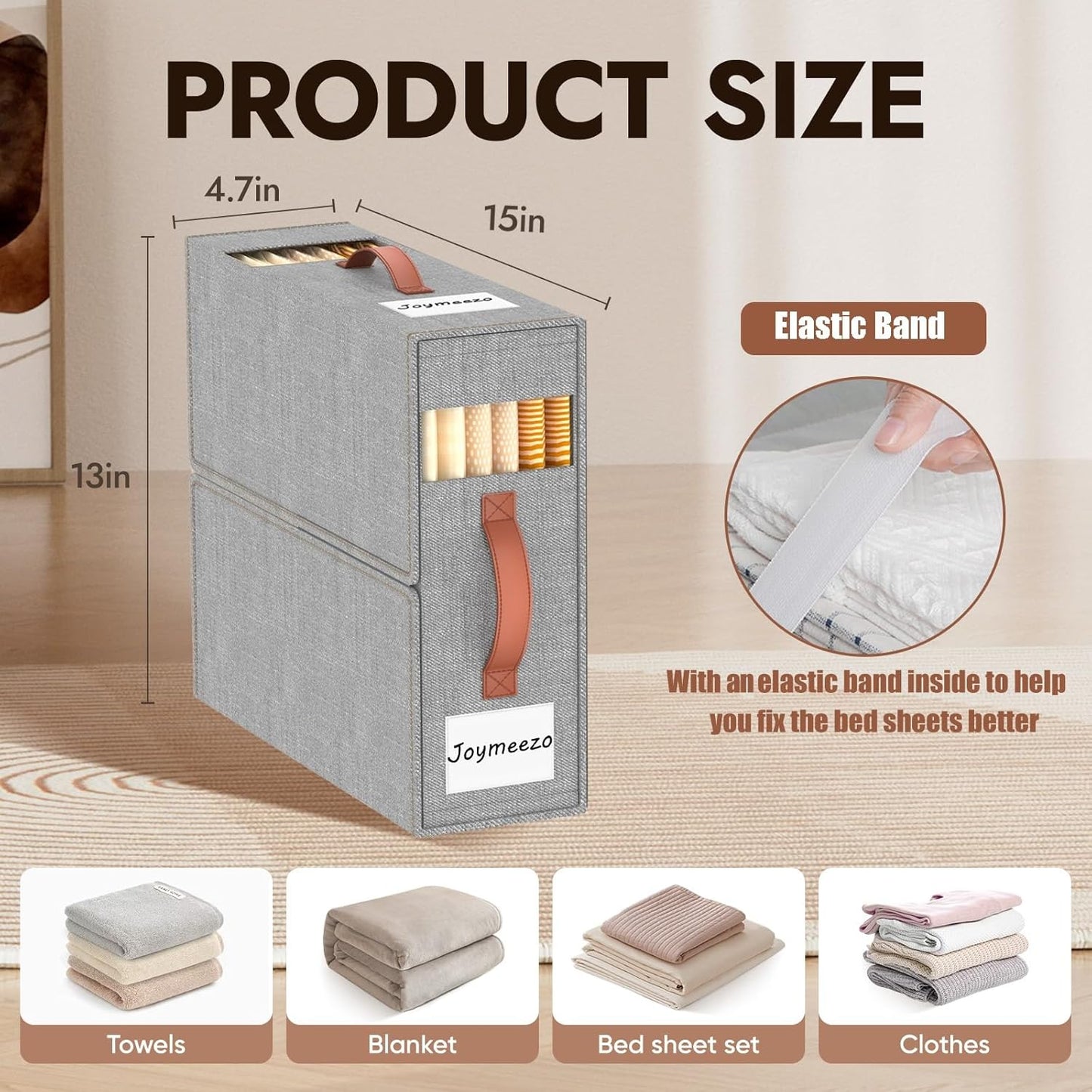 6 Pack Bed Sheet Organizers and Storage(King &Queen Size) with an Elastic Strap, Foldable Closet Linen Sheet Storage Container, Sheet Set Box for Blanket, Duvet Cover and Pillowcase, Grey