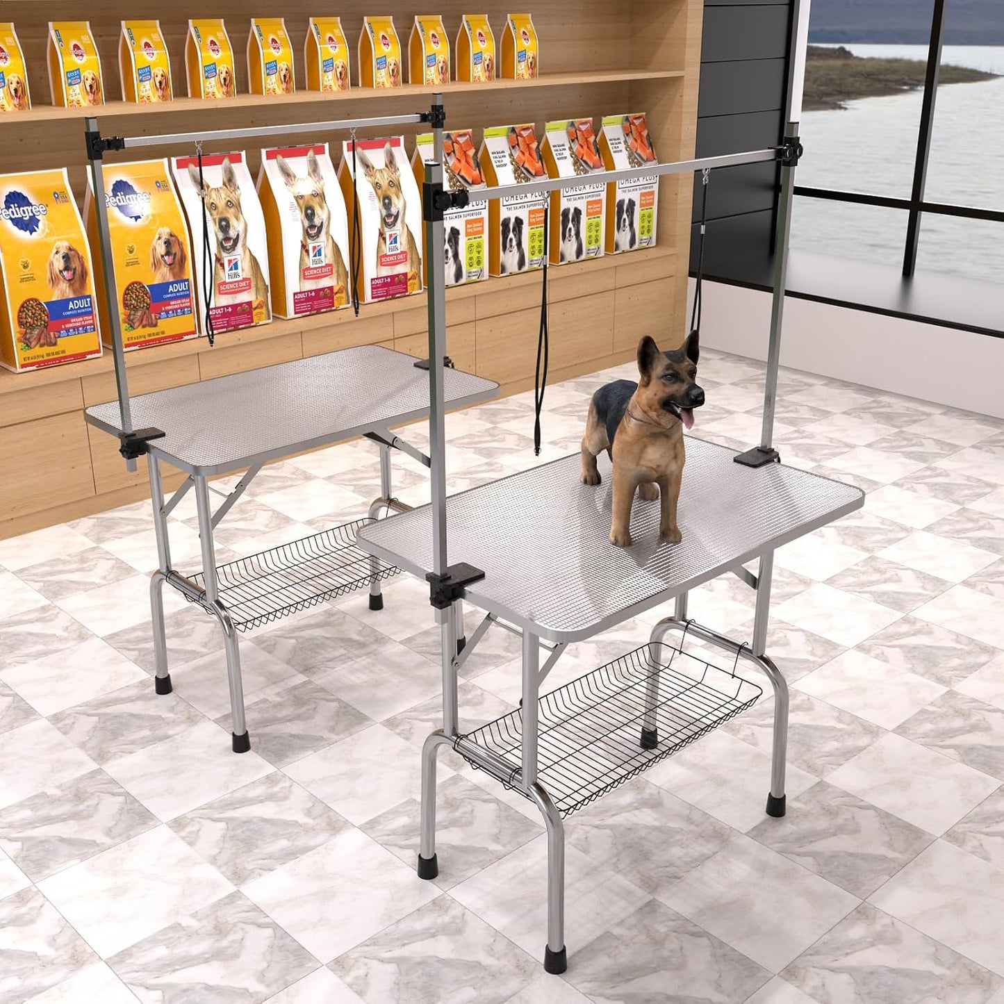 46" Dog Grooming Table Foldable Pet Grooming Tables with Adjustable Arm Noose Storage Mesh Tray Maximum Capacity Up to 330lbs Silver Gray