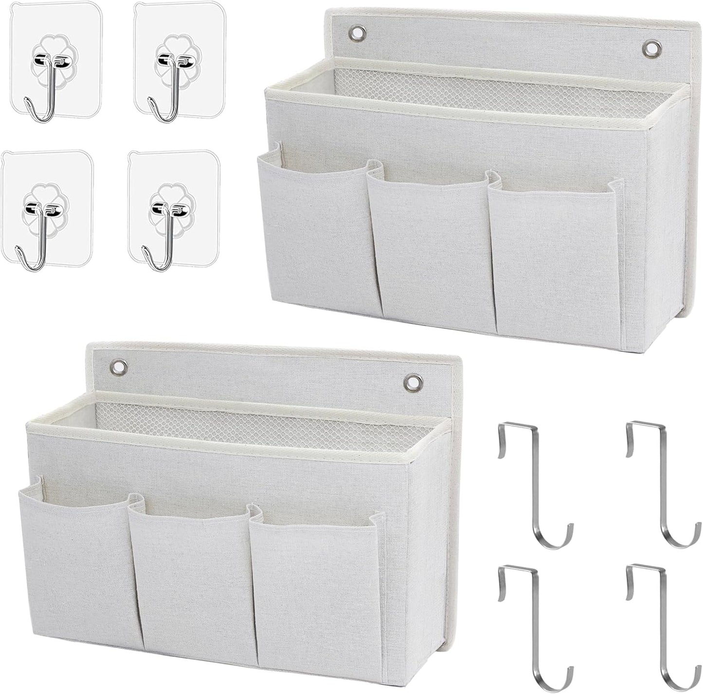 2-Pack Wall Hanging Organizer Bag/Hanging Baskets with Large Mesh Compartment & 3 Pockets，Over the Door Organizer Space Saving Storage for Bedroom,RV Camper, Closet (White-2 Pack)