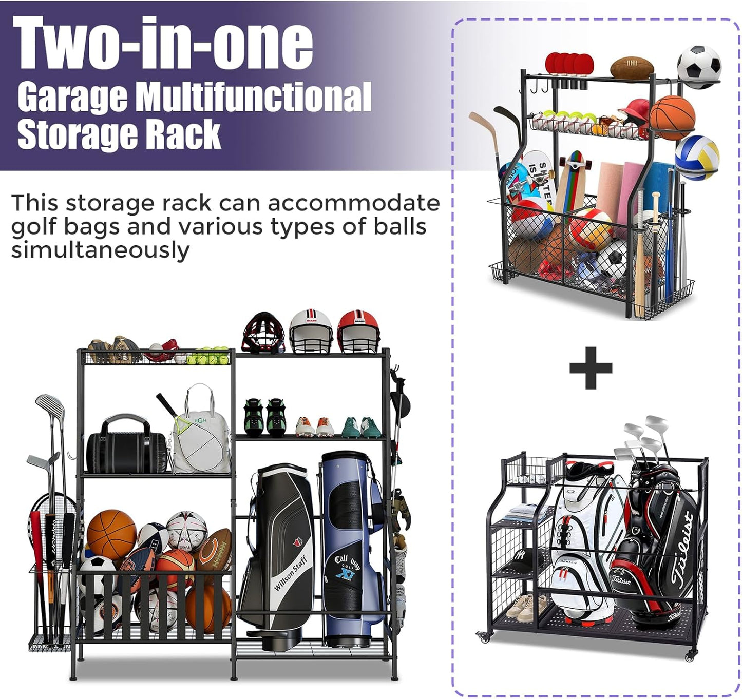 Sports Equipment Organizer, Heavy Duty Golf Bags Stand, Extra Large Ball Storage Rack for Garage