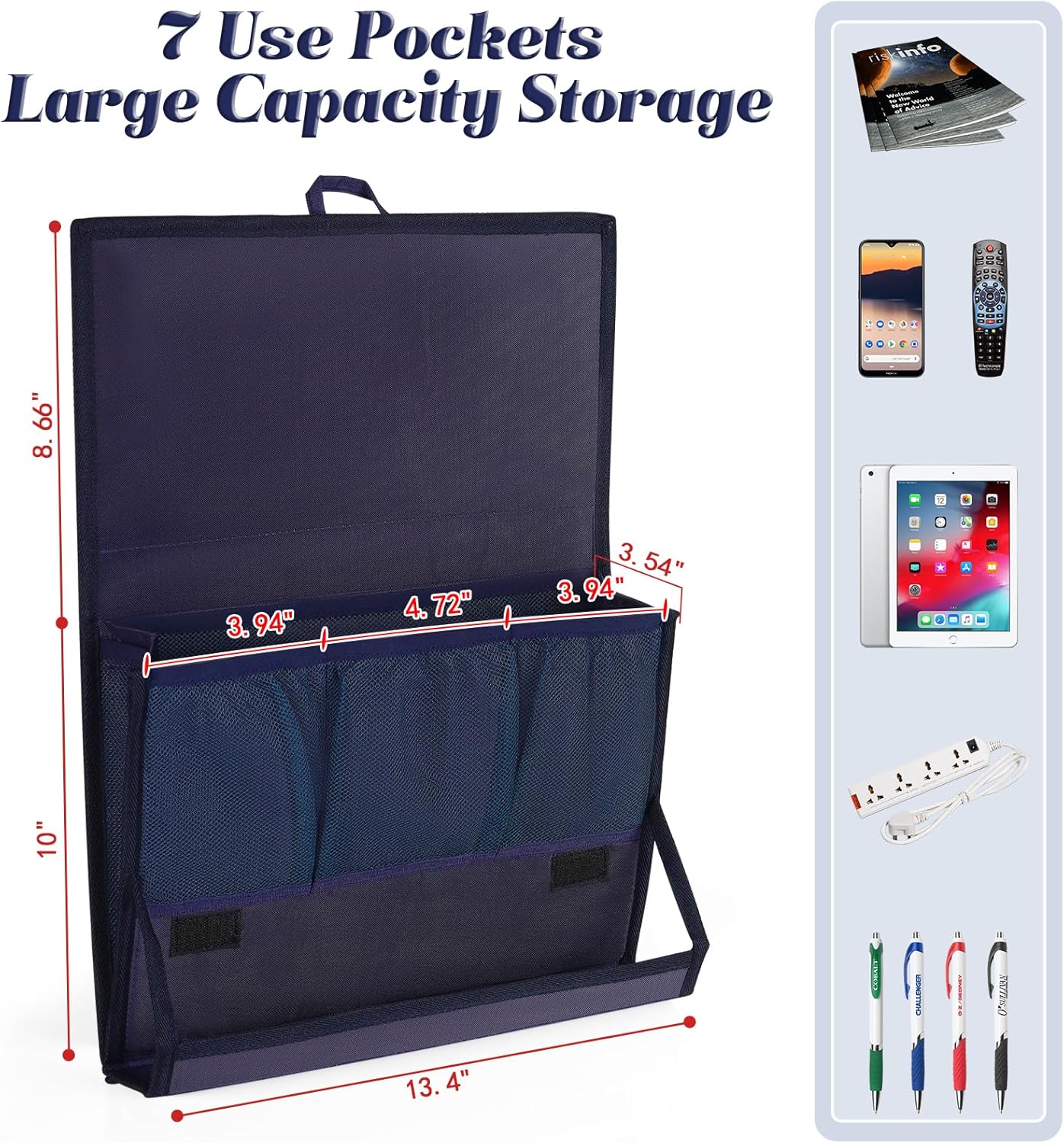 Bedside Storage Organizer with Power Strip Holder and Adjustable Straps Bed Hanging Bag for Home Bunk Bed Dorm Sofa (Navy Blue)
