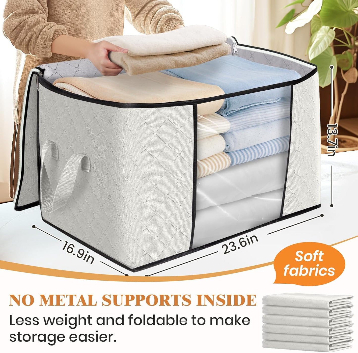 Fab totes 24 Gallons Clothes Storage, Foldable Thick Fabric Blanket Storage Bags, Containers for Organizing Bedroom, Closet, Clothing, Comforter, Organization with Handle (4 Pack,Ivory)