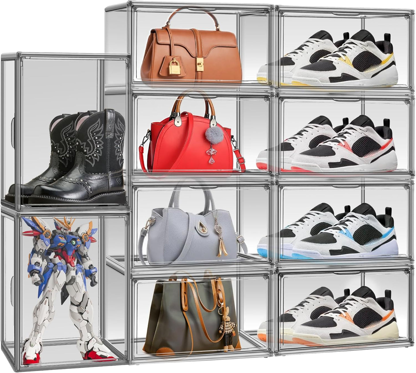 12 Pack Large Shoe Organizers Storage Boxes for Closet Clear Plastic Stackable Shoe Box Storage Bins with Lids, Under Bed Shoe Containers for Entryway, Size 12 Gray