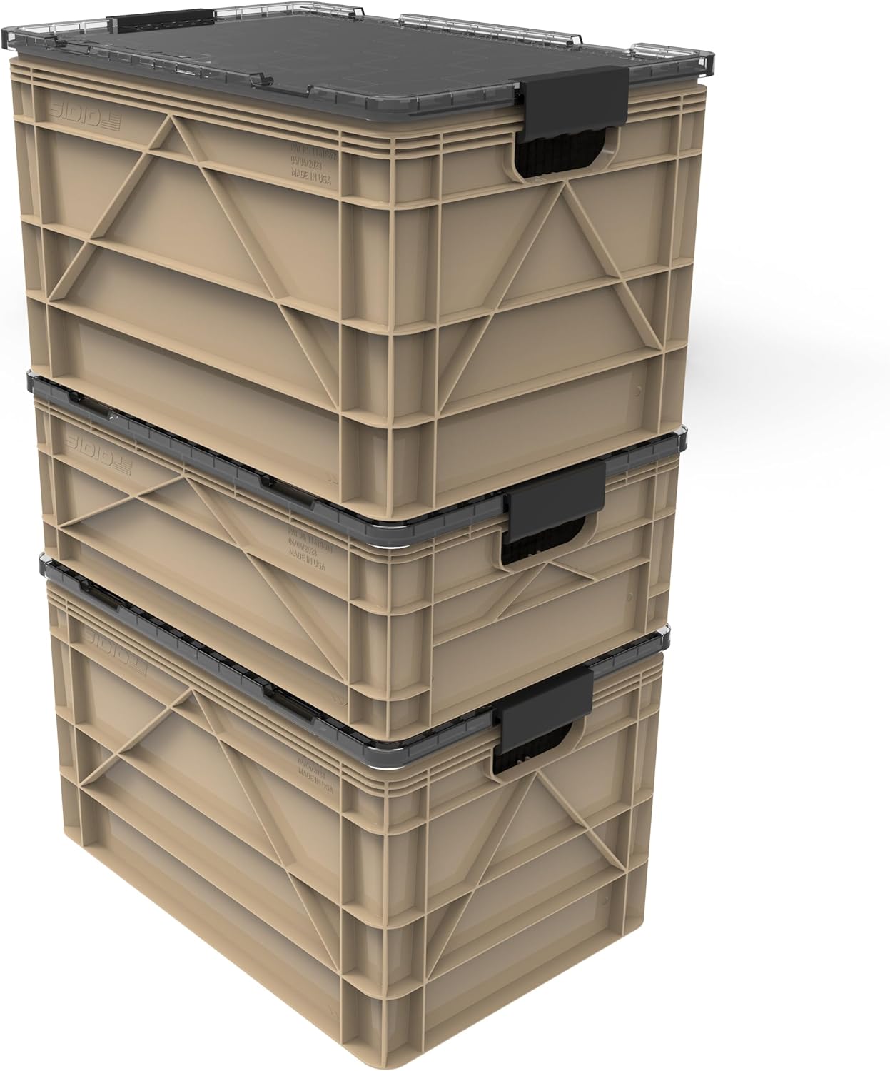 SIDIO Crate Pro Pack - 2 Full-Size & 1 Half-Size Heavy Duty Stackable Storage Bins, Totes and Containers with Lids and Dividers - Durable Organizer for Home, Office, Garage, and Outdoor Use
