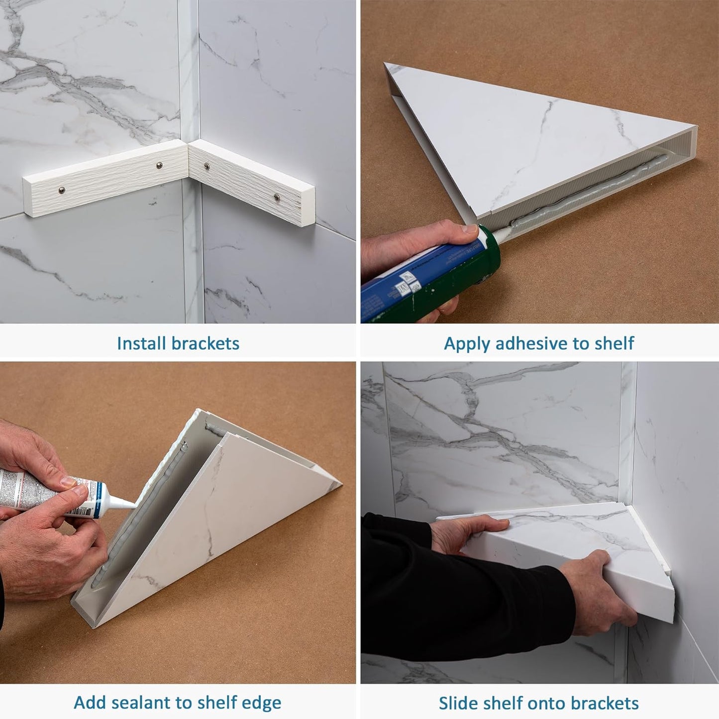 Palisade Vinyl Waterproof Corner Shower Shelf in Carrara Marble/Urban Glacier