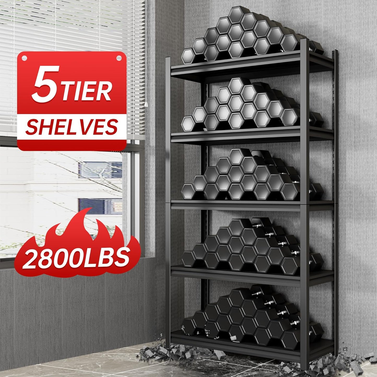 Metal Garage Shelving, Adjustable 5-Tier Heavy Duty Shelving, 2800 LBS Garage Shelving Unit and Storage,Heavy Duty Shelves for Basement,Warehouse,Kitchen
