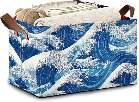 Ocean Wave Storage Baskets,Japanese Foldable Organizer Bin with Handles for Home Living Room Bedroom Closet Box 17x11.5x10Inch