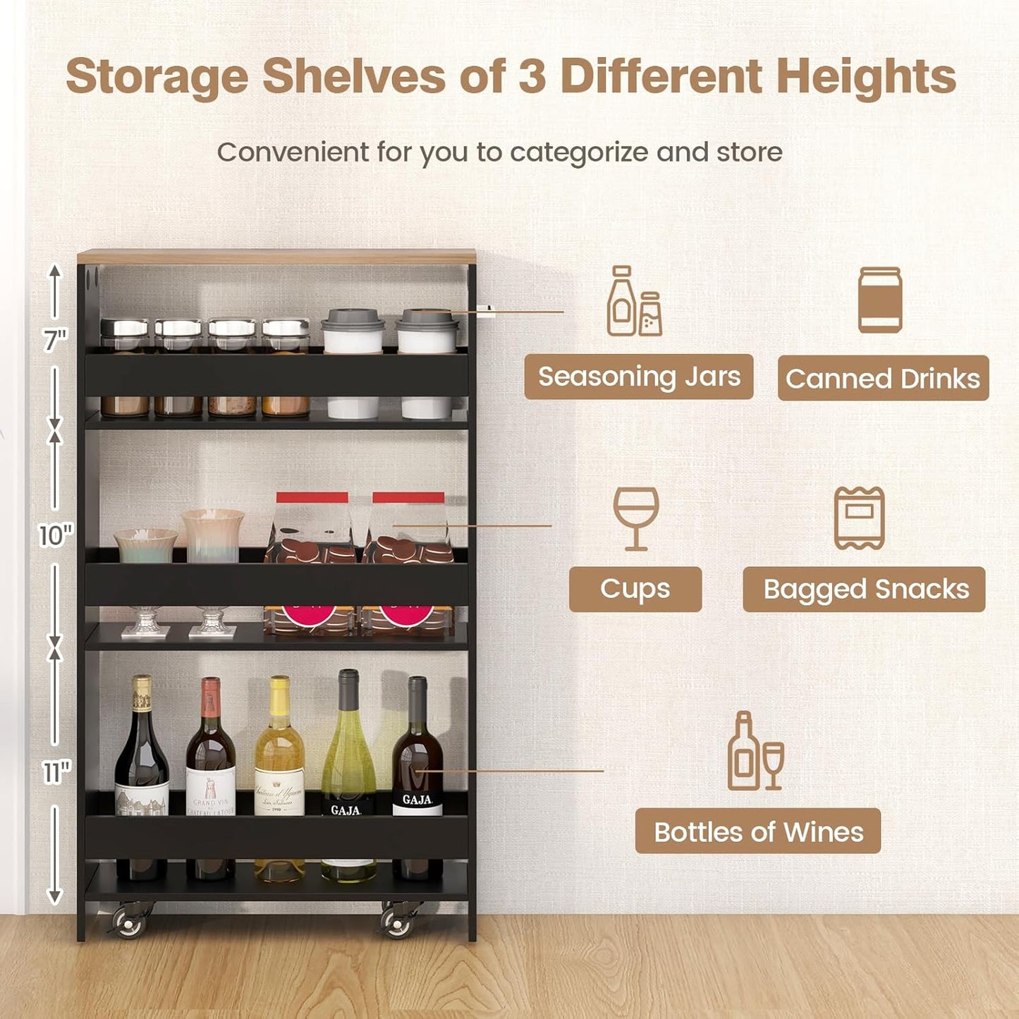 Slim Rolling Storage Cart, 4 Tier Narrow Kitchen Cart with Wheels, Between Washer and Dryer Cart, Wood Shelving Unit Organizer w/Handle for Small Spaces (Black, 5-Inch)