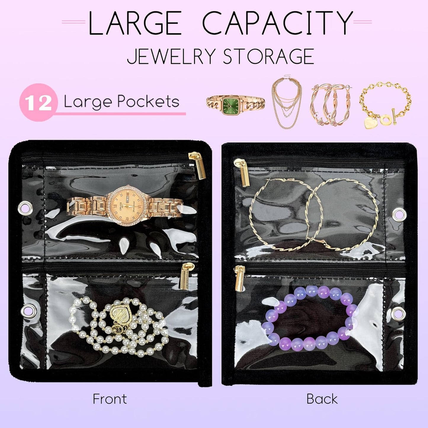 Travel Jewelry Organizer Case,Jewelry Bags for Traveling, Jewelry Binder with 24 Pcs Clear Zipper Velvet Pouches (Inner Pages, 3 PCS)