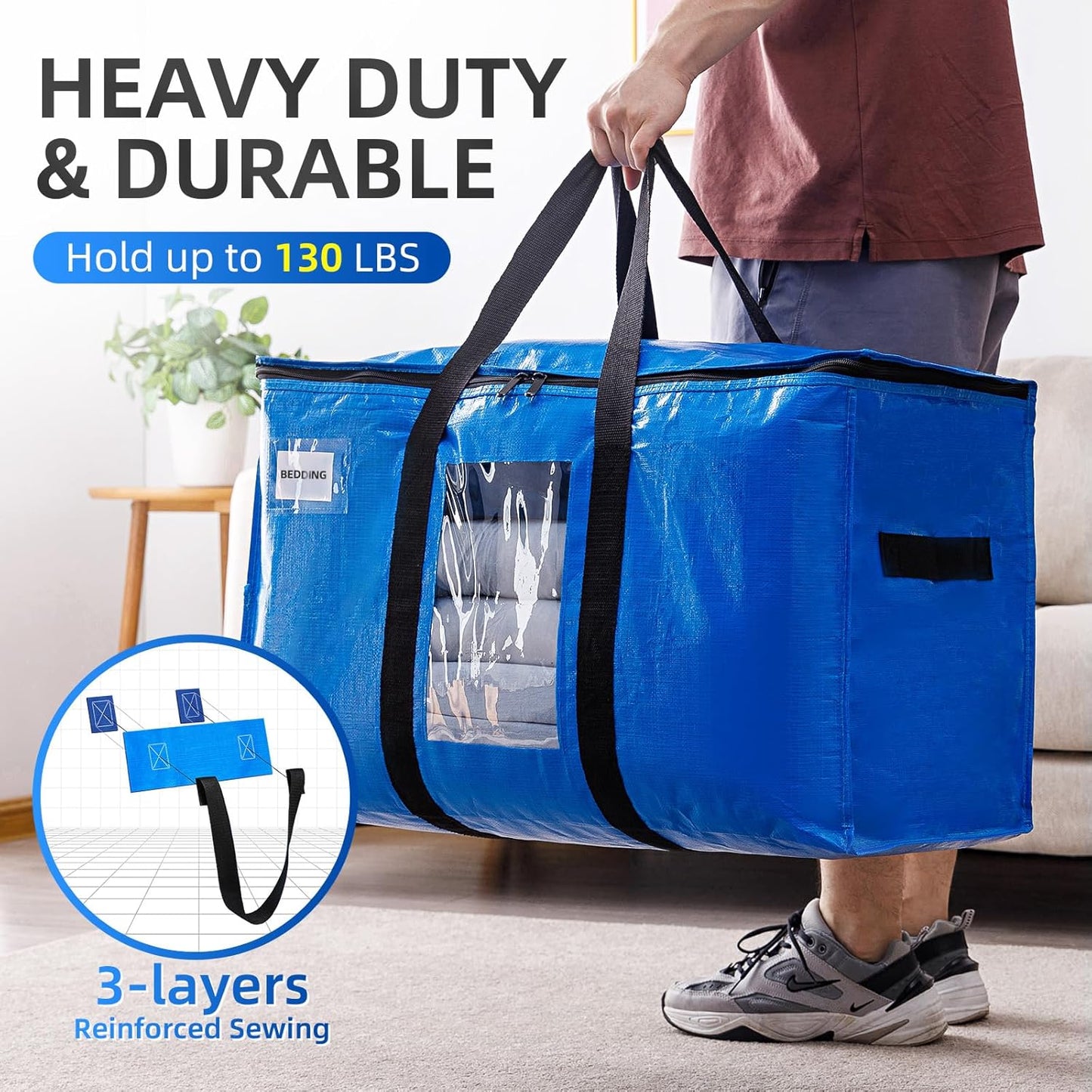TAILI Extra Large Moving Bags, 8 Pack Blue Heavy Duty Totes for Storage with Visible Window, Wrap Around Handles, Storage Bags for Space Saving, Alternative to Moving Boxes