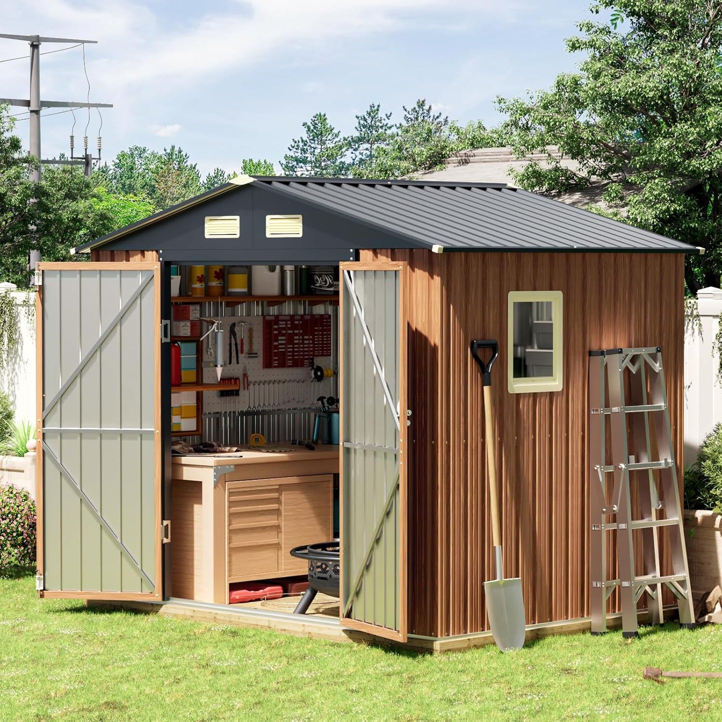 8x6 Ft Outdoor Metal Shed, Storage Garden Shed with Lockable Doors & Vent, Multi-Used Shed for Backyard, Patio, Lawn and Tool & Bicycle Storage