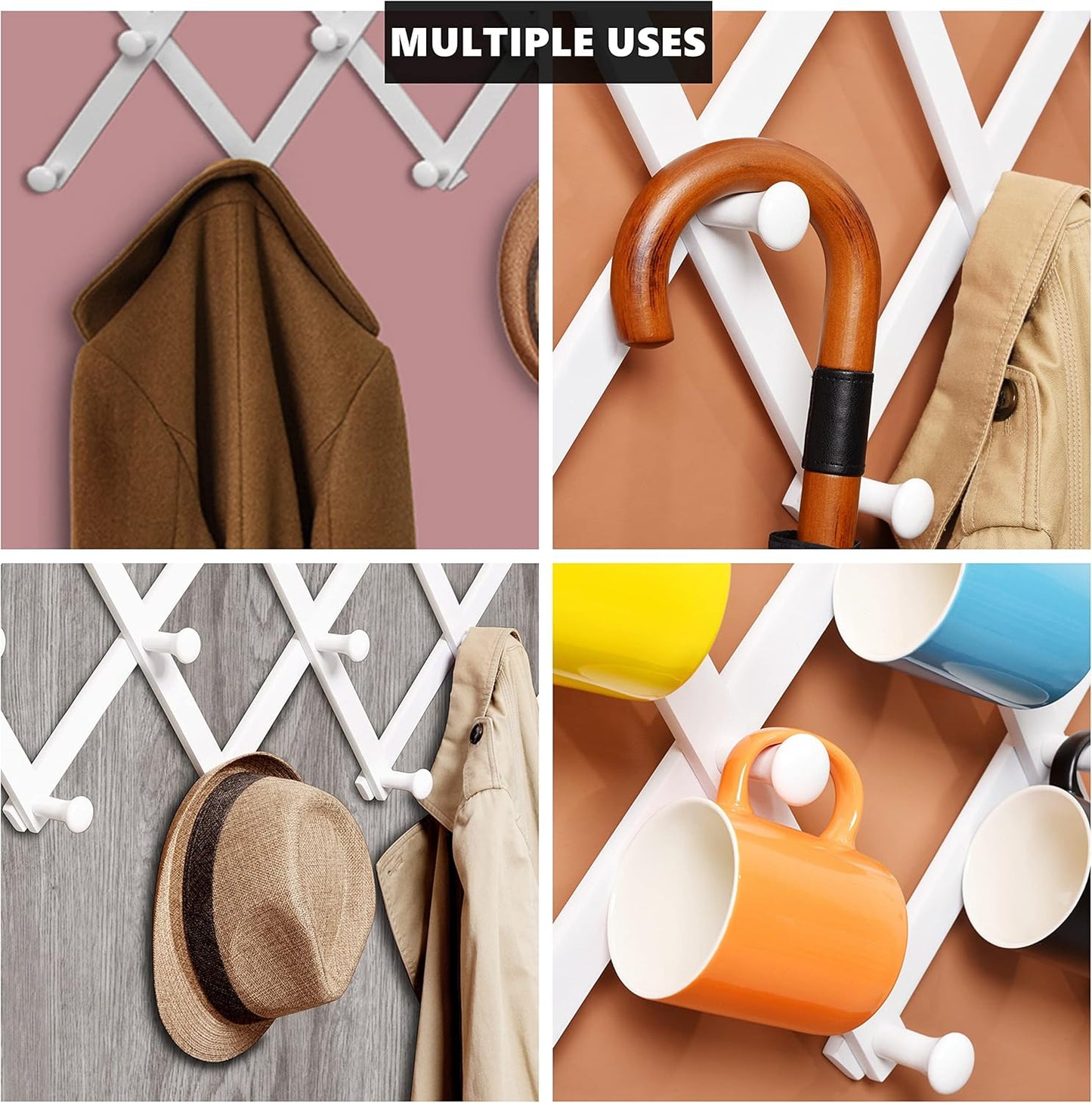 Amber Home Wood Accordion Wall Rack 17 Hooks (Pegs), Expandable Wall Mounted Hanger for Coat, Hat, Scarf, Coffee Mugs, X Shape Coat Hooks (White Color)
