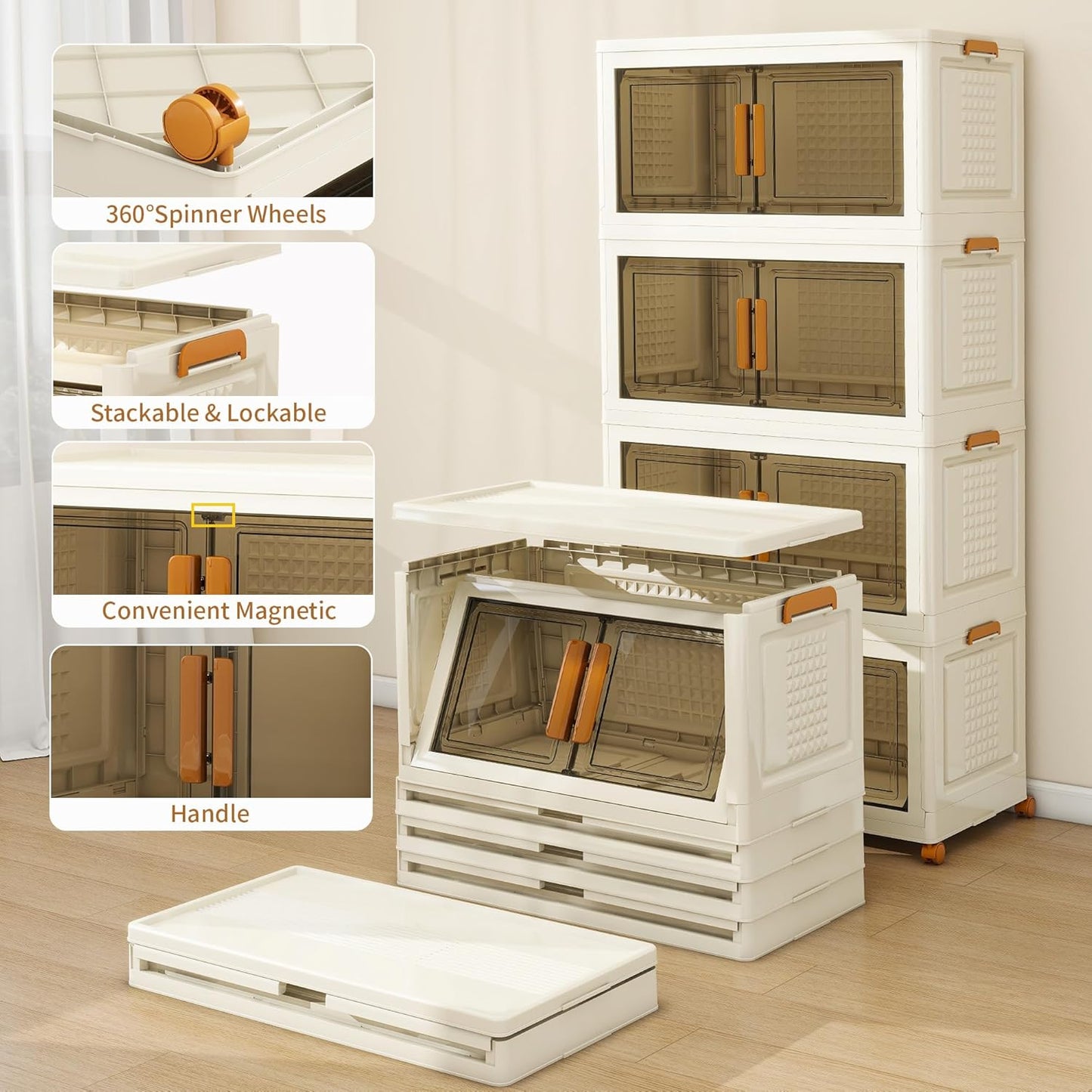 Plastic Stackable Storage Bins with Lids and Wheels, Foldable Closet Organizers and Storage Containers, Collapsible Clear Drawer Storage Cabinet with Doors Ivory White 720 QT
