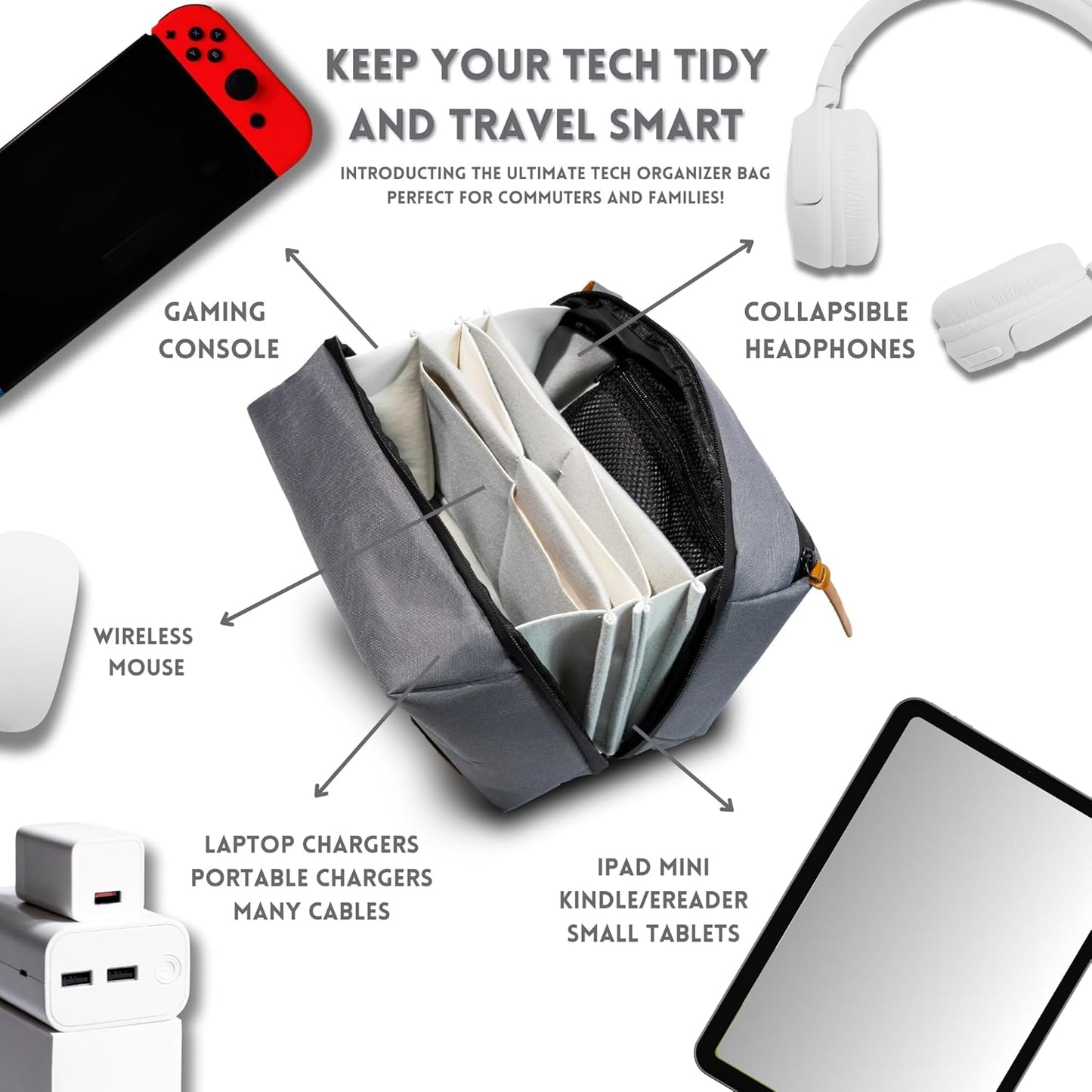 Large Electronics Organizer and Tech Travel Bag – Premium Portable Case for Cables, Chargers, Cords, and Accessories – Ideal pouch for your Travel Essentials and Commuting needs (Grey)