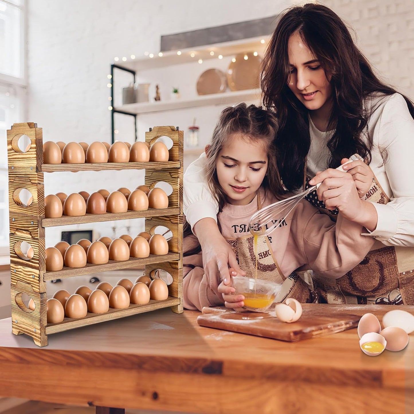 Wooden Egg Holder with 4 Layers/48-Hole, Stackable Wood Egg Rack Countertop with Handle, Stores Chicken/Duck/Quail/Turkey/Easter Eggs