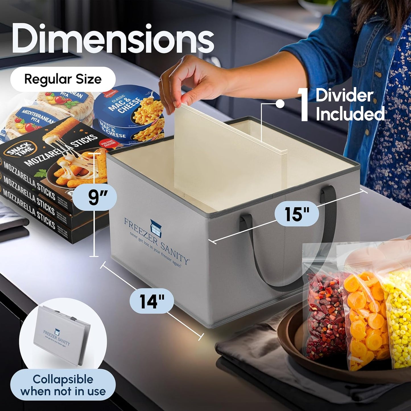 The Original Chest Freezer Organizer Bins, Stackable Storage Organizers, Deep Freezer Dividers, Handles, Heavy-Duty, Water-Proof (4 Pack Regular 15x14x9)