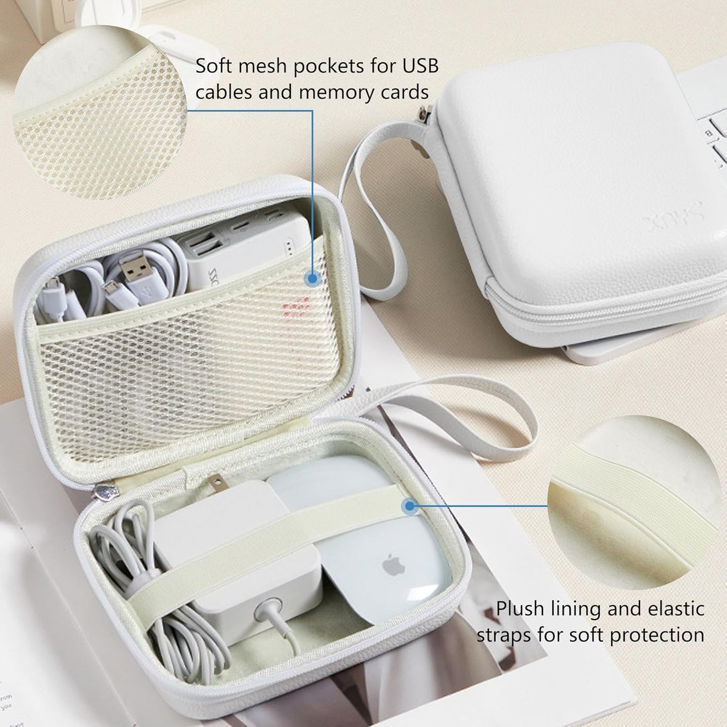 Charger Case for Macbook, Portable Tech Electronic Organizer Bag,Travel Storage Pouch for Laptop Accessories, MacBook Power Adapter, Charging Cords, USB Drives, Power Bank (White, L)