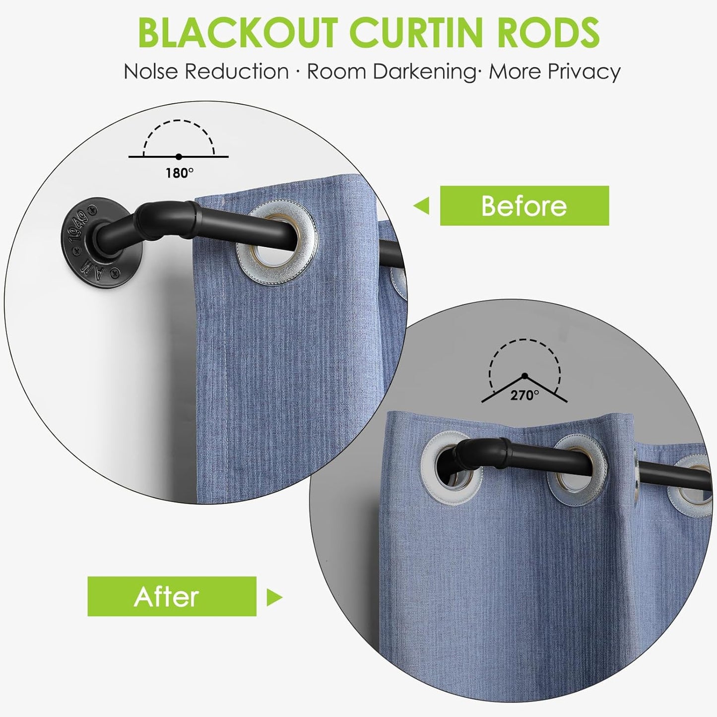 1-Inch Black Curtain Rod - 66 to 130 Inch Windows, Industrial Duct, Indoor/Outdoor, Ceiling or Wall Mount