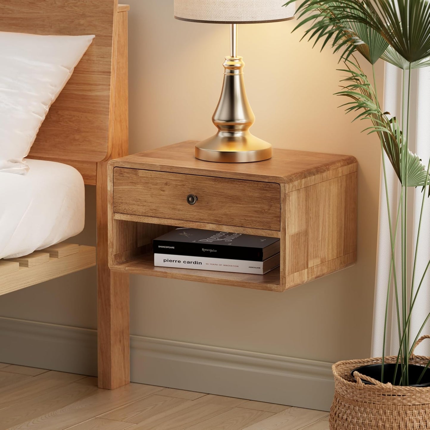 COZAYH Farmhouse Rubber Wood Floating Nightstand with Drawer and Open Shelf, Transitional Wall Mounted Side Table with Open Slot for Bedroom, Fully Assembled (Natural)