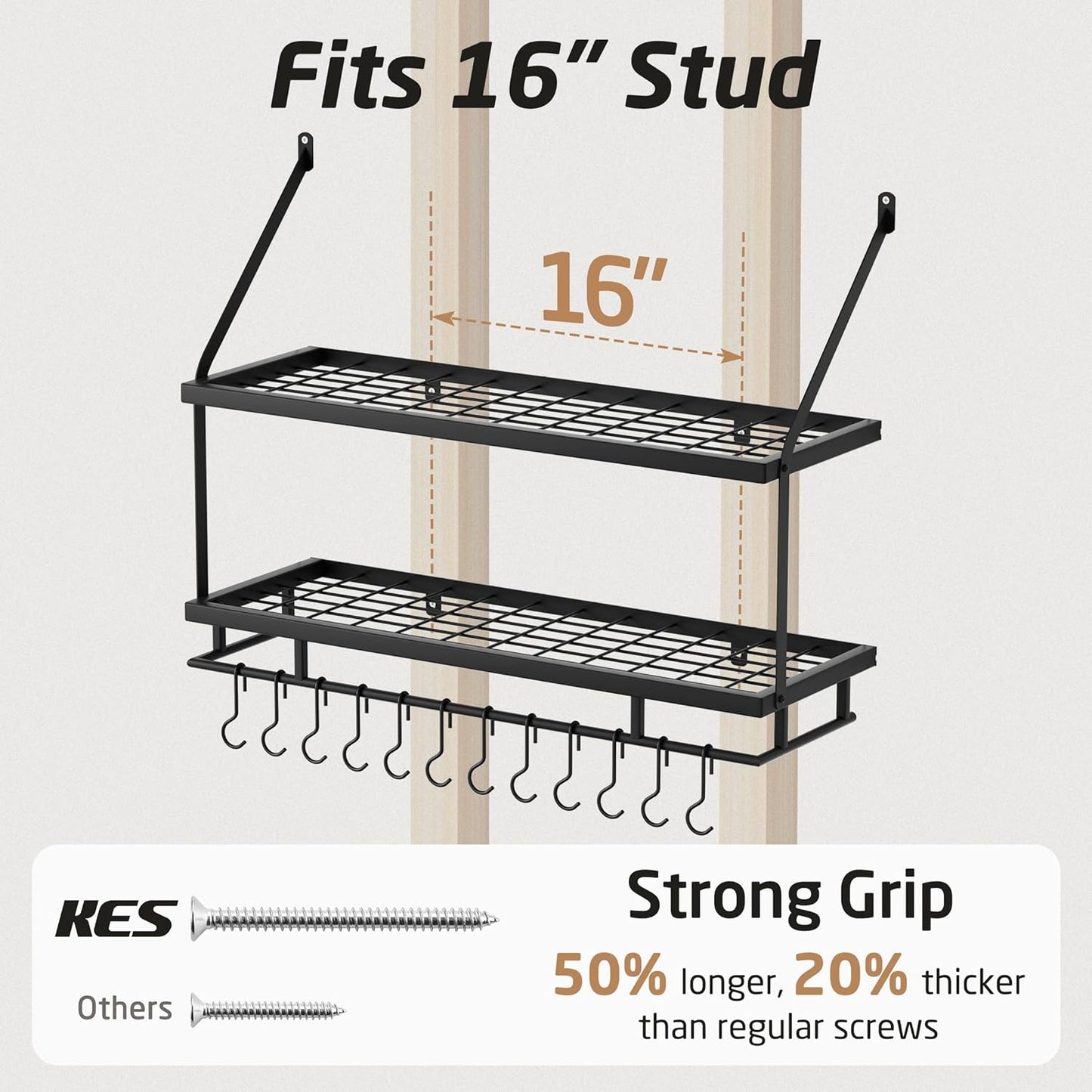 KES 30-Inch Kitchen Pot Rack - Mounted Hanging Rack for Kitchen Storage and Organization - Matte Black 2-Tier Wall Shelf with Guard Rail for Pots and Pans Organizer with 12 Hooks - KUR215S75B-BK