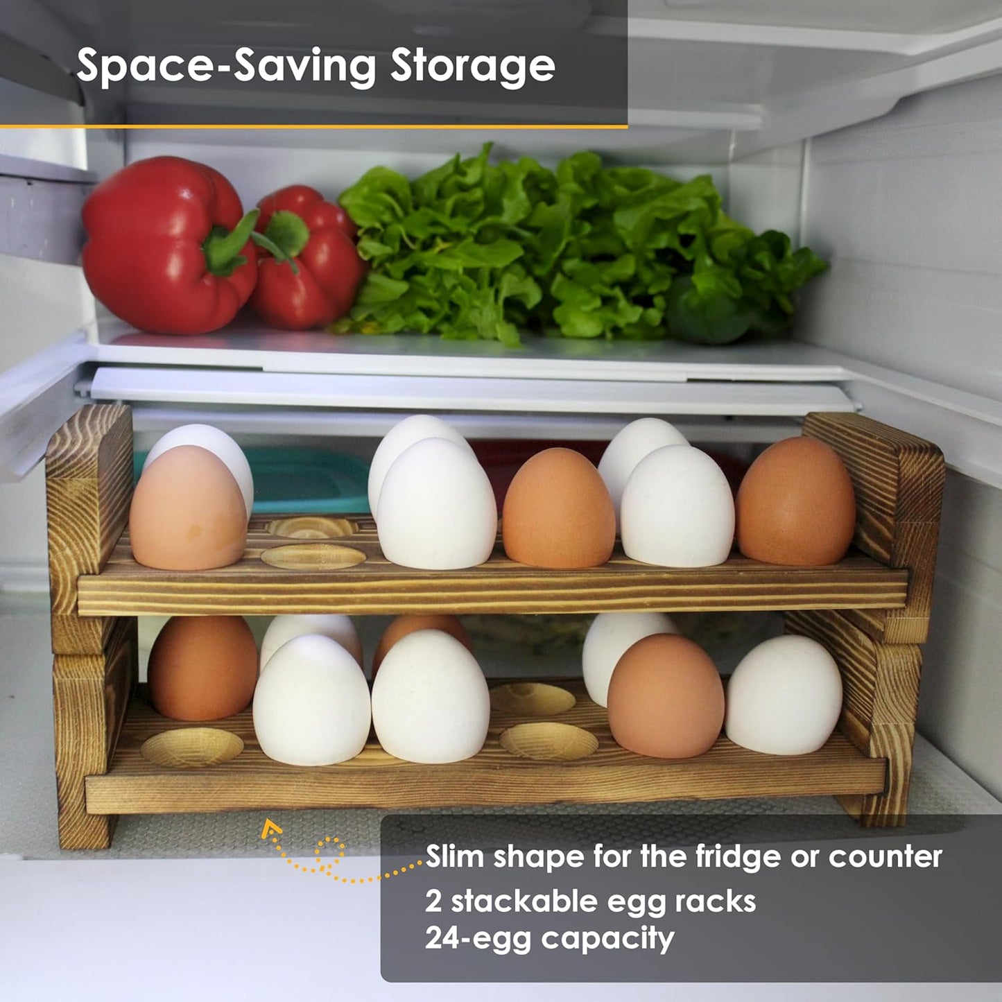 Expandable Stackable Wooden Egg Holder Countertop for 24 Eggs, Rustic Kitchen Decoration, Two-Piece Compact Egg Rack for Counter - Chicken Decor - Gui's Chicken Coop (Double Rack)