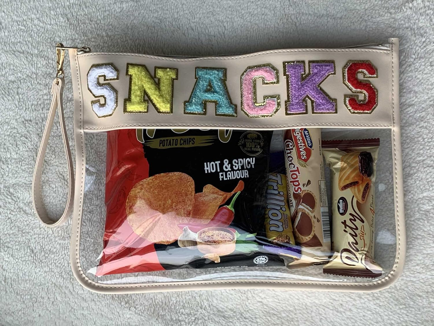 TopTTanBo Chenille Letter Clear Bag Purse Multi-purpose Transparent Waterproof Snacks Makeup Tote Bag with Wrist Strap