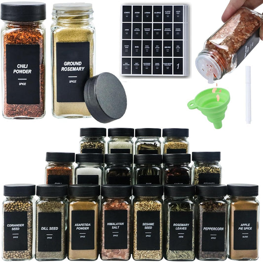 24Pcs Spice Jars Containers with Labels，4oz Black Seasoning Bottles with Shaker Lids for Rack, Cabinet, Drawer,Empty Square Condiment Pots (24, Black)