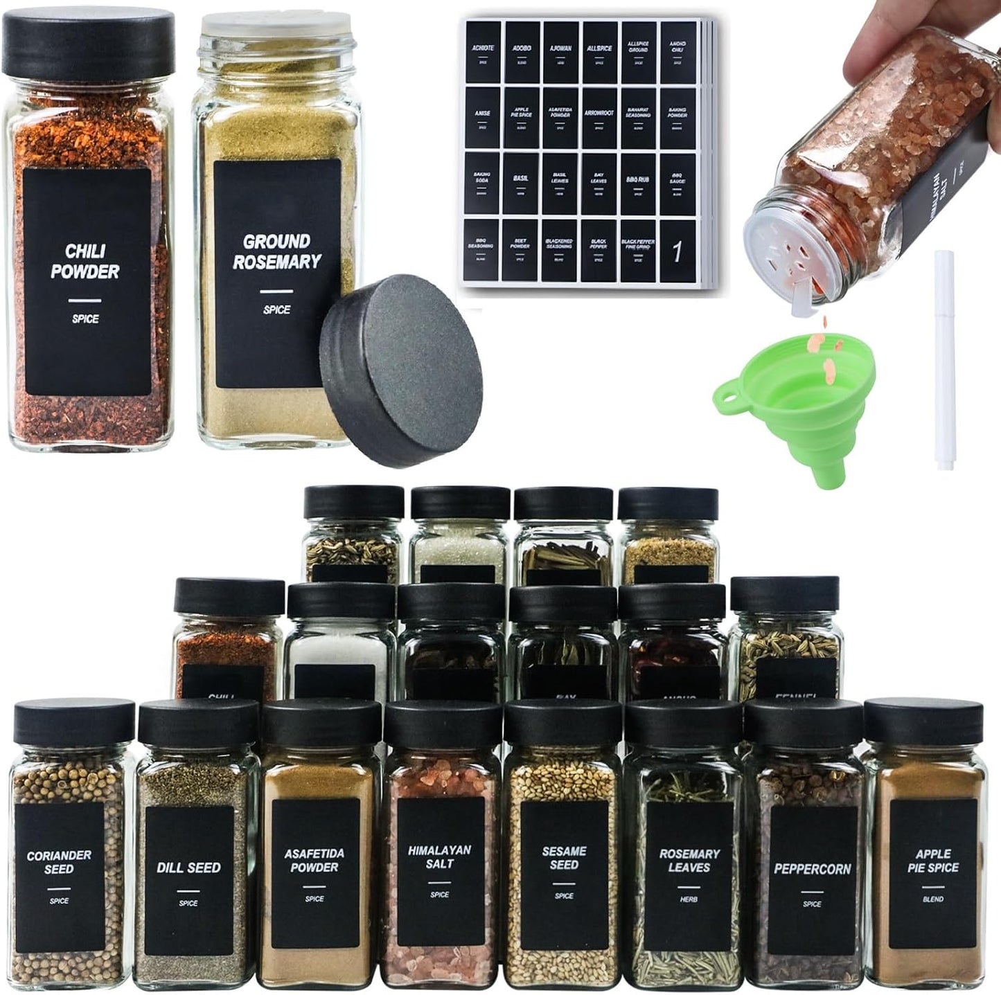 36Pcs Spice Jars Containers with Labels，4oz Black Seasoning Bottles with Shaker Lids for Rack, Cabinet, Drawer,Empty Square Condiment Pots (36, Black)