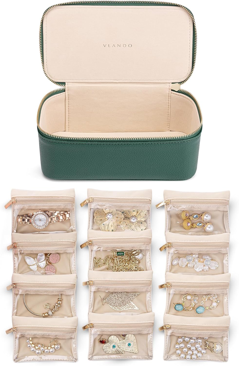 Vlando Gifts for Teachers,Jewelry Case with 12 Velvet Jewelry Bags Travel Jewelry Organzier for Travelers Necklace Rings Earrings Jewelry Bags Birthday Wedding Gifts (Green)