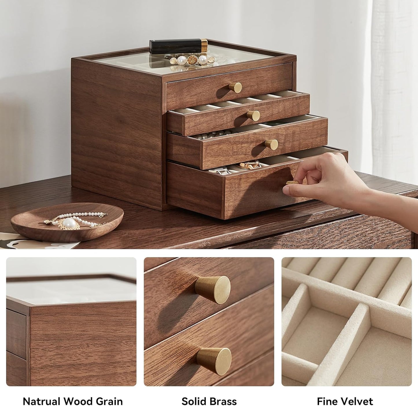 Black Walnut Wooden Jewelry Box for Women large 4 Layer Drawer Organizer Box with Glass Lid for Necklaces, Watch, Necklace, Ring, Earring Storage - Christmas Gifts