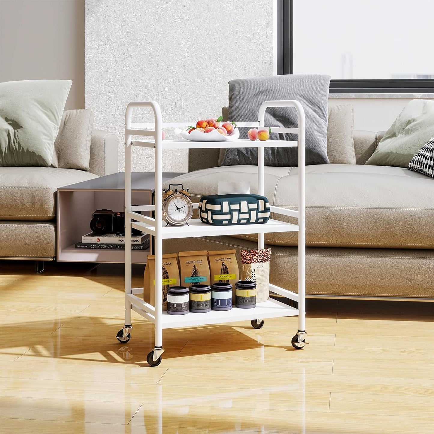 HDANI 3 Tier Rolling Cart Shelves,Heavy Duty Multifunctional Metal Frame-Supports 22 Lbs Per Tier,Rolling Cart with 2 Lockable Wheels for Home, Office,Kitchen,Bathroom,Bedroom,White